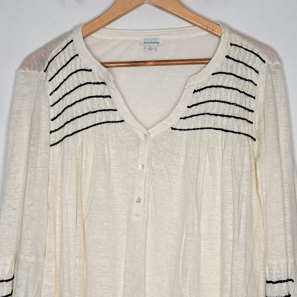 Sundance Small Linen Cream / Black Fluent Henley Bell Sleeve Embroidered Top - Picture 3 of 5